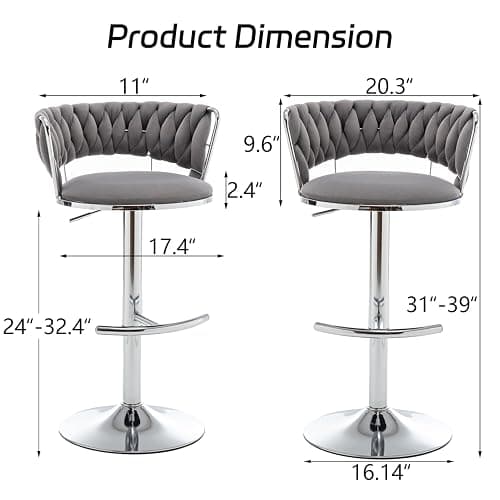 Riknuxi Velvet Bar Stools Set of 4, Counter Height Barstools with Low Back, Swivel Bar Stool for Kitchen Island, Pub (Grey) thumbnail 2