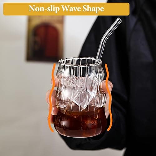 2Pcs 530ML Glass Mugs with Straws - Clear Iced Coffee Cup Matcha Ribbed Wavy Glass Cups Matcha Glasses with Straws Brush & Cup Brush for Ice Coffee Juice Drink Milk Tea Cocktail Wedding Birthday Gift thumbnail 5