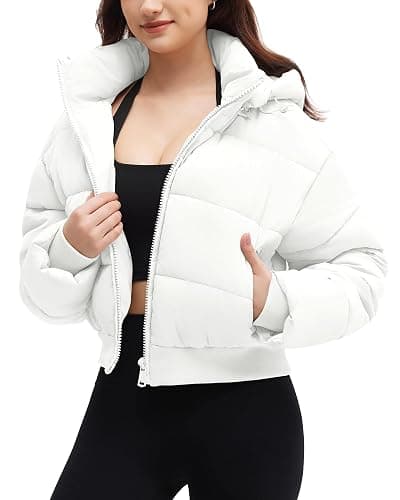 WHN Women's Cropped Puffer Jacket Warm Quilted Short Coat with Detachable Hood Zippered Pockets - Image 1
