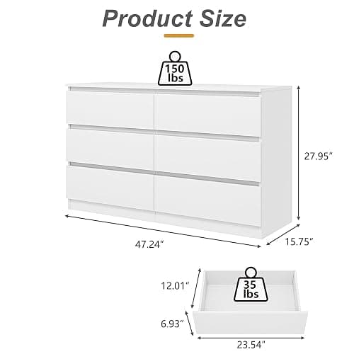 CIPACHO White 6 Drawer Dresser for Bedroom,Modern Deep Drawer Dresser with No-Handle Design,Wide Storage Chest of Drawers,Wood Bedroom Storage Organizer Furniture for Closet,Hallway thumbnail 3