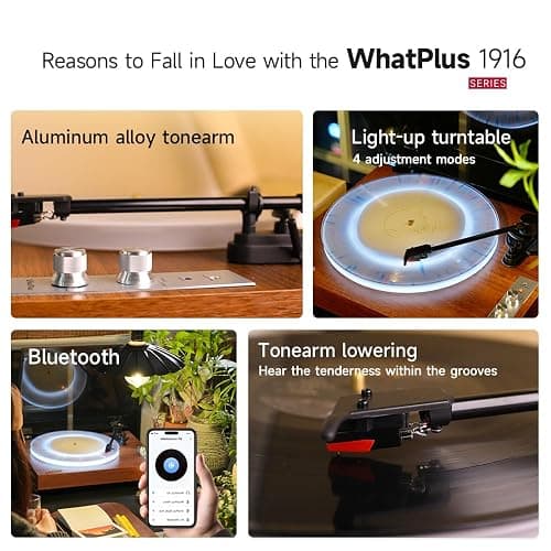 WhatPlus Bluetooth Record Player with Speakers and Illuminated Platter | Vintage wooden design with RCA output and 3.5mm input, ideal for home listening and decor. thumbnail 4
