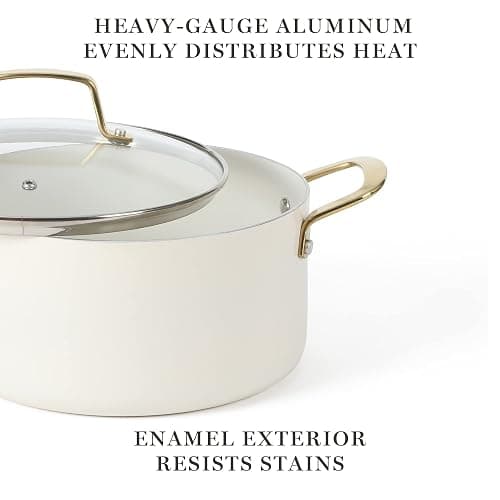 Martha Stewart Lockton Premium Non stick Non Toxic PFA Free Ceramic Interior 10 Piece Heavy Gauge Enamel Aluminum Pots and Pans Cookware Set - Linen White w/Gold Handle thumbnail 6