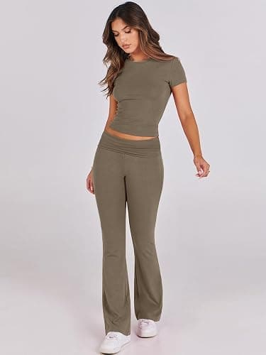 ANRABESS Lounge Sets for Women 2 Piece Foldover Yoga Flare Leggings Pants Crop Tops Casual Y2K Outfits Matching Tracksuit Set - X-Small - Coffee Grey thumbnail 8
