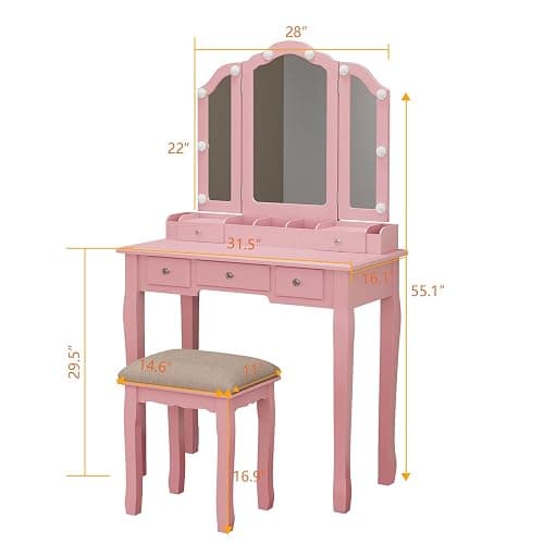 Phonrida Pink Makeup Vanity for Girls Vanity Desk with Mirror and Lights Girls Vanity Desk Vanity with Lights Make Up Vanity Set tocadores para maquillarse con Luces y cajones Vanity Table Set thumbnail 2