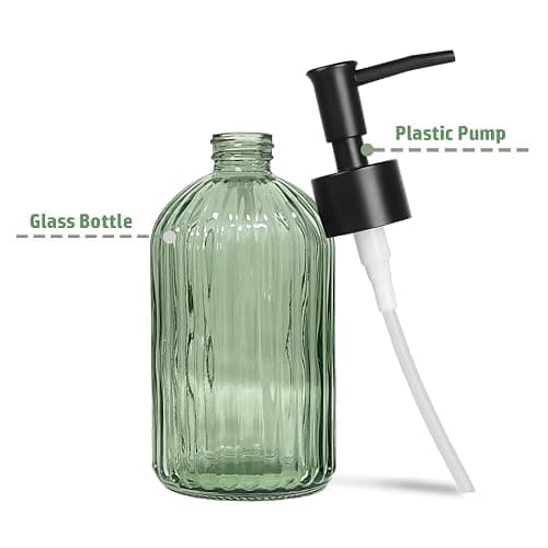 14 Oz Black Pump Glass Soap Dispenser, Green Stripe Countertop Refillable Liquid Bottle Hand Dish Lotion Dispenser with Plastic Pump, for Kitchen, Bathroom thumbnail 4
