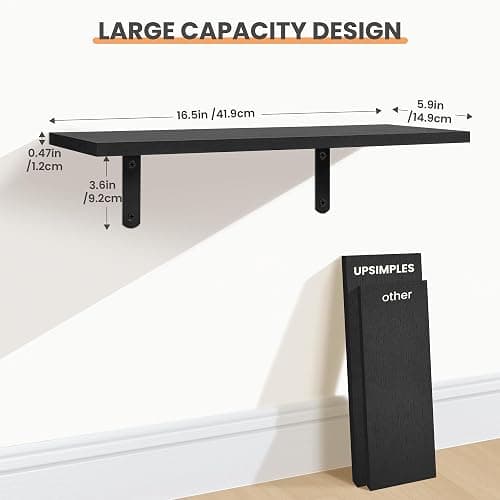 upsimples Floating Shelves for Wall Decor Storage, Wall Mounted Shelves Set of 3, Sturdy Small Wood Shelves with Metal Brackets Hanging for Bedroom, Living Room, Bathroom, Kitchen, Book, Black thumbnail 3
