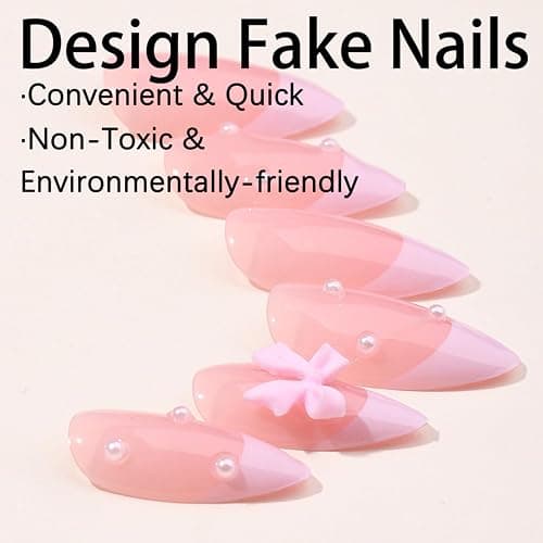 24Pcs French Press on Nails Almond Fake Nails with Bow Pearl Design Pink French Tip False Nails Cute Pink Press on Nail Tips Glossy Artificial Nails Acrylic Stick on Nail for Women Manicure thumbnail 2