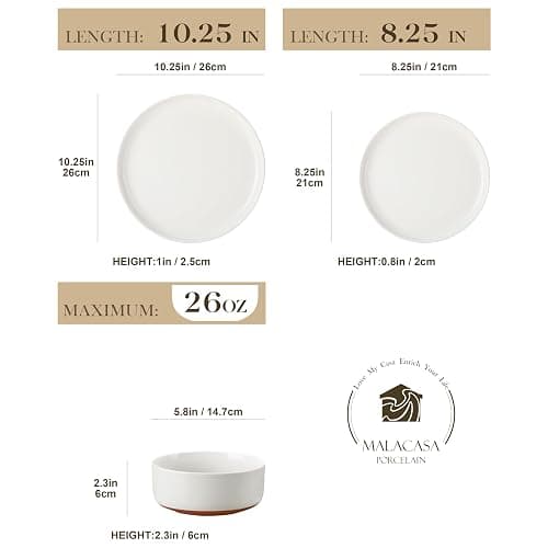 MALACASA Plates and Bowls Sets, 12 Pieces Modern Stoneware Dinnerware Set for 4 Kitchen Dinner Set Ceramic Dishware Dishes Set Microwave and Dishwasher Safe, White, Series TARA thumbnail 3