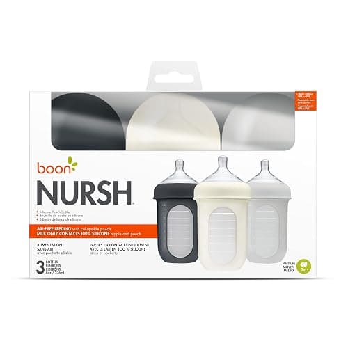 Boon Nursh Reusable Silicone Pouch Baby Bottles - Medium Flow Nipple - Silicone Baby Bottle Pouch and Nipple - Baby Feeding Essentials - Gray - 3-6 Months - 3 Count - 8 Ounce thumbnail 5