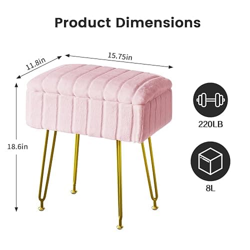 FUXA Vanity Stool with Storage, Pink Vanity Chair 4 Metal Legs with Anti-Slip Feet, Faux Fur Soft Padded Seat, Cute Small Footstool Ottoman, Modern Multifunctional Chairs for Makeup Bedroom thumbnail 3
