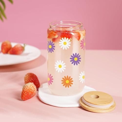 GSPY Daisy Aesthetic Gifts, Iced Coffee Cup, Cute Glass Cups with Lids and Straws - Cute Mugs, Flower Mug, Glass Tumbler - Retro, Christmas, Birthday Gifts for Women, Coffee Lovers, Friend, Girls, Mom thumbnail 4