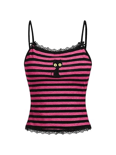 Floerns Women's Sleeveless Cat Embroidery Striped Scoop Neck Contrast Lace Cami Tops - Image 1