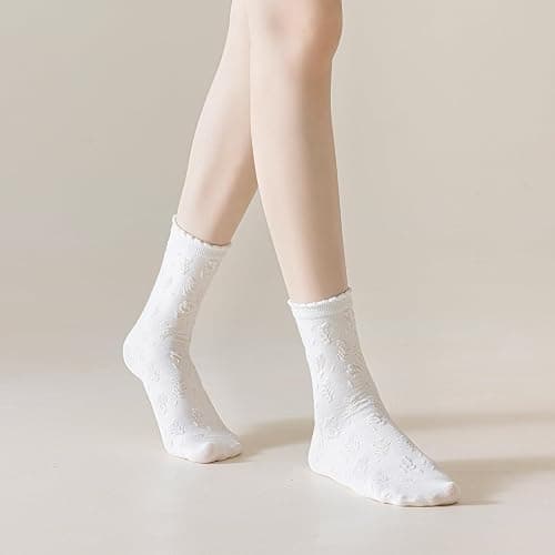 albagu Women's Crew Socks - Casual Cotton Cute Novelty Socks - Floral Ankle Socks - 5 Pack (White, One Size) thumbnail 4