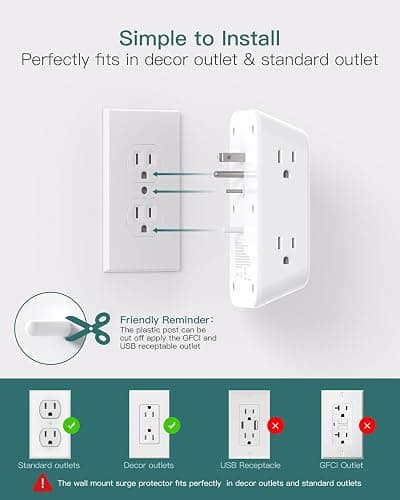 Addtam Surge Protector Outlet Extender, 6-Outlet Splitter with 4 USB Wall Charger(2 USB-C Ports), Multi Plug Wall Outlet 1800J Power Strip for Home Office Dorm Room Essentials thumbnail 7