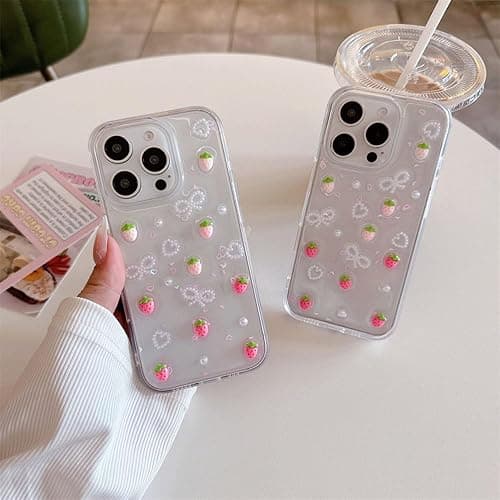 Fycyko Compatible for iPhone 15 3D Strawberry Pearl Bow Clear with Design Aesthetic Women Teen Girls Glitter Pretty Sparkle Sparkly Cute Girly Phone Cases Protective Cover+Pearl Chain thumbnail 2
