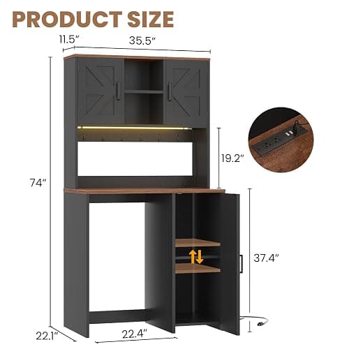 Unikito Mini Fridge Cabinet with Storage, Power Outlet & LED Light, Black | Coffee Bar Cabinet, Liquor Wine Bar Stand with Mini Fridge Space and Microwave Shelf, Beverage Station for Home Kitchen thumbnail 2