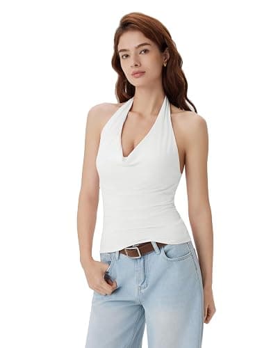 SUUKSESS Women Deep V Built in Bra Cowl Halter Tops Going Out Open Back Tank Tops - Image 1