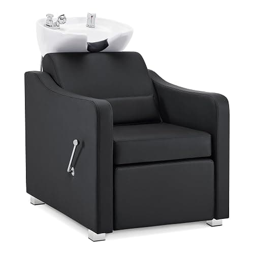 BarberPub Backwash Shampoo Station Chair, Adjustable Porcelain Ceramic Hair Wash Bowl with Chair, Shampoo Station for Barber Shop, Spa Beauty Salon Equipment 9364 (Black) - Image 1
