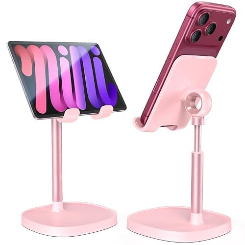 LISEN Cell Phone Stand iPhone Holder for Desk, Pink Gifts for Women Girls | Fold Pink Stand Desk Accessories for Women Office Cute, Vanity Decor Pink Gifts Girls, Kawaii Bathroom Dorm Room Essentials - Image 1