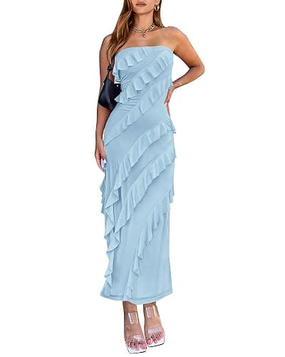 BTFBM Women Summer Elegant Strapless Midi Ruched Bodycon Dress Solid Color Stretch Mesh Slim Party Cocktail Dresses - Image 1