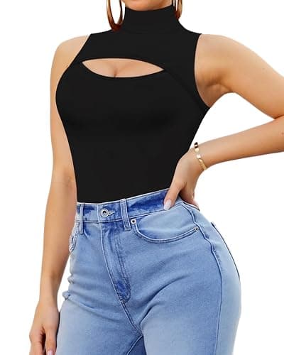 MANGOPOP Women's Mock Neck Cutout Front Bodysuit Long Sleeve Sleeveless Turtle Neck Body Suits Sexy Tops thumbnail 2