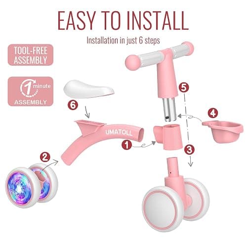 Umatoll Colorful Lighting Baby Balance Bike Toys for 1 Year Old Girl Gifts, Adjustable Seat, First Birthday Gifts, 12-24 Months Toddler Bike, Pink thumbnail 6