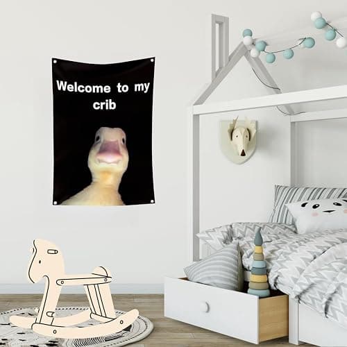 yikinb 2×3ft Welcome to My Crib Flag, Funny Flags for Bedroom Featuring The Duck,Vibrant Colors Crib Banner with Brass Grommets,Boys and Girls Welcome Photo Backdrop for Dorm Room Home College Decor - Image 1