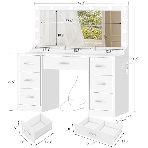 FIONESO Vanity with Large Mirror and 12 LED Lights, Vanity Desk with 7 Drawers & Hairdryer Holder, Makeup Vanity Desk with Charging Station for Women, Girls, 3 Lighting Color Adjustable, White thumbnail 2
