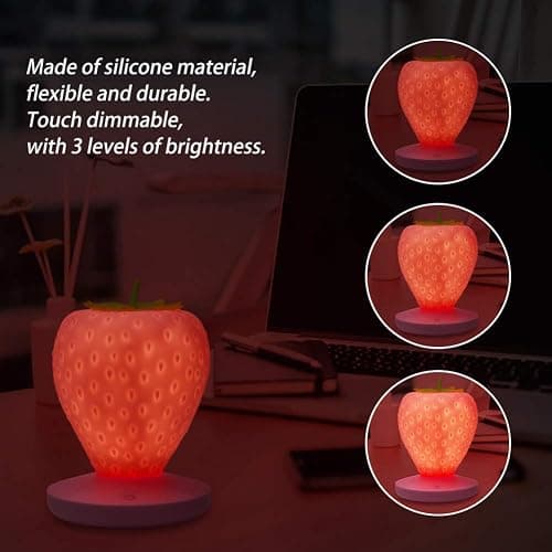 LVOERTUIG Strawberry Night Light, Cute Silicone Strawberry Lamp, LED Cute Night Light, Bedside Color Changing Lamp, 3 Modes Touch for Birthday, Christmas thumbnail 2