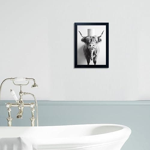 Framed Black and White Bathroom Wall Decor Highland Cow with Toilet Paper on Head Canvas Wall Art Toilet Decor Cow Pictures Wall Decor Animal Bathroom Sign Artworks for Home thumbnail 9
