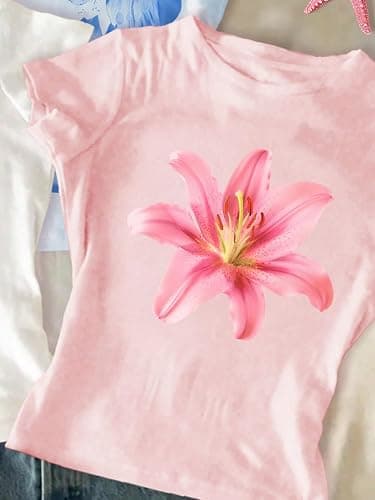 RoseSeek Girl's 3 Packs Graphic Tees Vacation Hibiscus Top Crewneck Short Sleeve Cute Summer T Shirt thumbnail 3