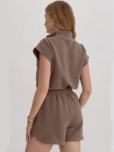 Btaiuo Rompers for Women Summer Short Sleeve Half Zip Lapel Collar Jumpsuit Casual Drawstring One Piece Outfits with Pockets thumbnail 5