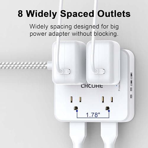 Surge Protector Power Strip - CHCORE 5Ft Braided Extension Cord with 8 Outlets with 4 USB (2 USB C) Charging Ports, Flat Plug Multi Plug Outlet Extender Charging Station for Home Office, ETL, White thumbnail 4
