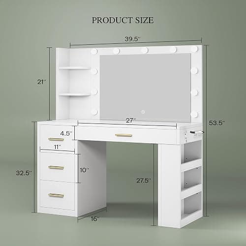DWVO Makeup Vanity Desk with Mirror & Lights, 40inch Vanity Table with Power Outlets, 4 Drawers & 6 Open Storage Shelves, 3 Color Modes & Adjustable Brightness Dressing Table for Bedroom, White thumbnail 2