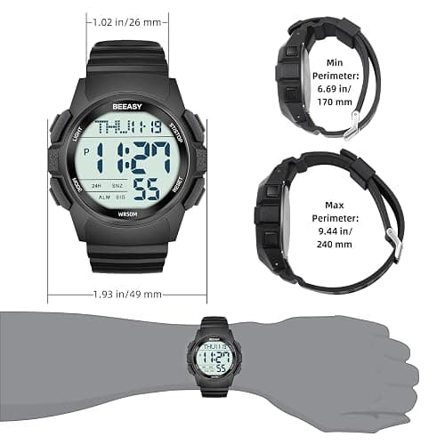 Beeasy Men Digital Sports Watch,Waterproof Watch with Stopwatch Countdown Timer Alarm Function Dual Time Rubber Strap Wrist Watch for Men/Student thumbnail 7