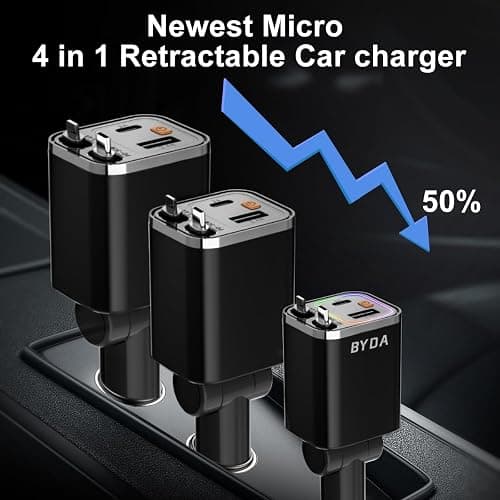 4 in 1 Retractable Car Charger,69W Fast Charging USB C for iPhone 16/15/14/13/12,iPad,Android,Galaxy,Pixel,Cigarette Lighter Adapter (Black, Light-ning+USB-C) thumbnail 4