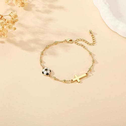 VULETO Softball/Volleyball/Soccer/Basketball Football Bracelet for Girls Women, 14K Gold Plated Cross Link Chain Sport Accessories Christian Jewelry Gifts for Teens Team Coach Players thumbnail 2