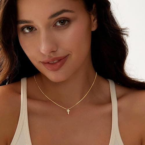 Christmas Stocking Stuffers Cross Necklace for Women Girls, Dainty Cute 14K Gold Silver Plated Cross Pendant Jewelry Non Tarnish Waterproof Simple Small Necklace Christian Baptism Religious Faith Gifts thumbnail 2