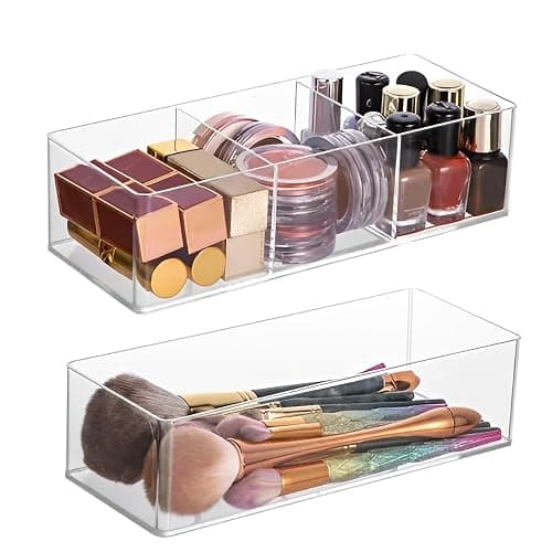KARBAG Set of 2 Cosmetic Drawer Organiser, 3-Compartment & 1-Compartment Acrylic Makeup Organizer Stackable Organiser Makeup Vanity Organizer Trays Storage for Eyeshadow, Lipstick - Image 1