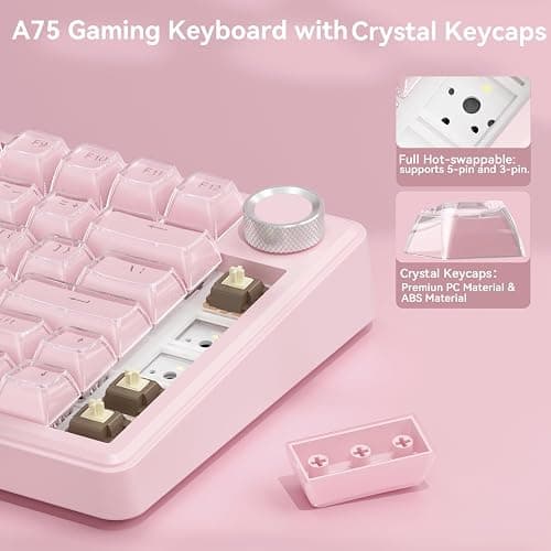 SOLAKAKA A75 Wireless Gaming Keyboard with Multifunction Knob, BT5.0/2.4GHz/USB-C, 75% Mechanical Keyboard, Hot-Swappable, Gasket Creamy Keyboard with RGB Backlit, Crystal Keycaps, for PC/Mac/PC thumbnail 4