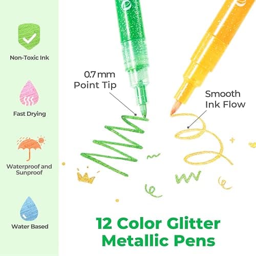 Ohuhu Glitter Markers Pen: 12 Glitter Colors Metallic Shimmer Marker Fine Tip Water-based Ink for Kids Adults DIY Crafts Greeting Birthday Cards Making Mugs Wood thumbnail 3
