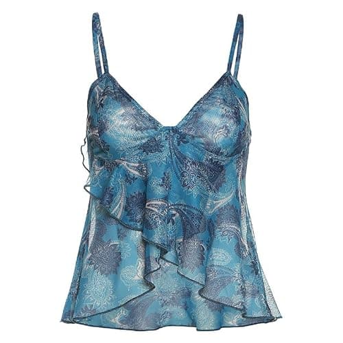 Women's Retro Printed Halter Top,Mesh Pleated Strappy Neck,Stylish Sleeveless Slim Top Base Layer - Image 1