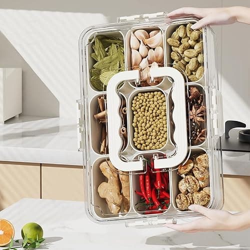 9-Pack Divided Serving Tray with Lid & Handle - Portable Snackle Box Charcuterie Container for Snack Platters - 9 Compartments Snack Boxs for Candy, Fruits, Nuts - Perfect for Party, Entertaining thumbnail 2