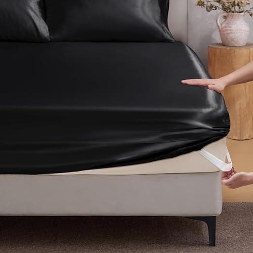 BEDELITE Satin Fitted Sheet King Size with Elastic Corner Straps, Luxury Soft Silk-Like Bed Sheet for Hair & Skin, 1 Deep Pocket Fitted Sheet Only Fits 15" Mattress, Fade & Wrinkle Resistant, Black - Image 1