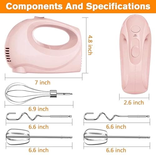 Handmixer Electric Handheld - 7 Speed Portable Kitchen Mixer Electric with 5 Stainless Steel Accessories Whisk, Food Beater for Whipping Mixing Cookies Cakes Eggs, Pink thumbnail 4