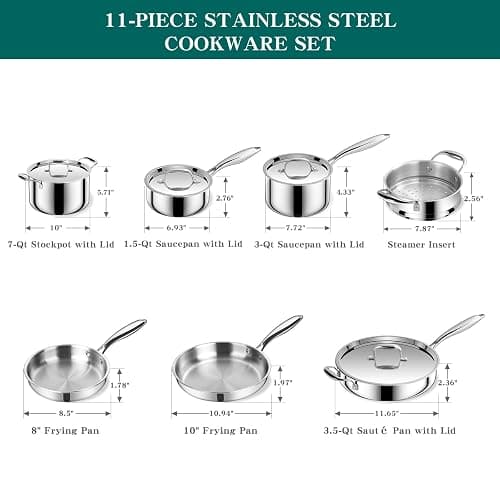 EWFEN Pots and Pans Set, 3 Ply 11 Piece Stainless Steel Cookware Set, Oven Dishwasher Safe | Induction Compatible Frying Pans, Saucepans, Saute Pan & Stock Pot, PFOA Free Kitchen Skillet thumbnail 4