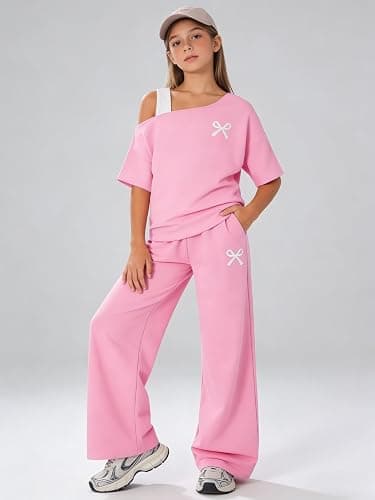 Kxuryueo Teen Girls Clothes Off the Shoulder Top and Wide Leg Pants Matching Outfit Set with Pockets Size 7-16 thumbnail 3