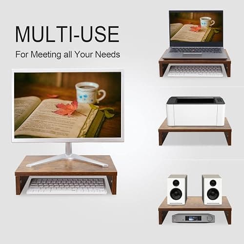TEAMIX 14.2 inch Monitor Stand Riser, Rustic Brown Wood Monitor Riser with Storage for Desk Small Monitor Stand TV/Screen/PC/Laptop Riser Computer Stand Desktop Shelf (Brown-14.2 inch) thumbnail 5
