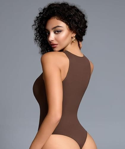 Mobeso Women's Crew Neck Sleeveless Bodysuit Seamless Double-Lined Stretchy Tank Top Bodysuits for Women Home Work Date Wear thumbnail 2