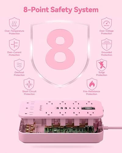 Pink Extension Cord with Multiple Outlets- 5 FT Kawaii Power Strip, Cute Extension Cord with 11 AC Outlet 6 USB (24W/4.8A), Charging Station for Cute Pink Kawaii Desk Home Room Decor Essentials Gifts thumbnail 6